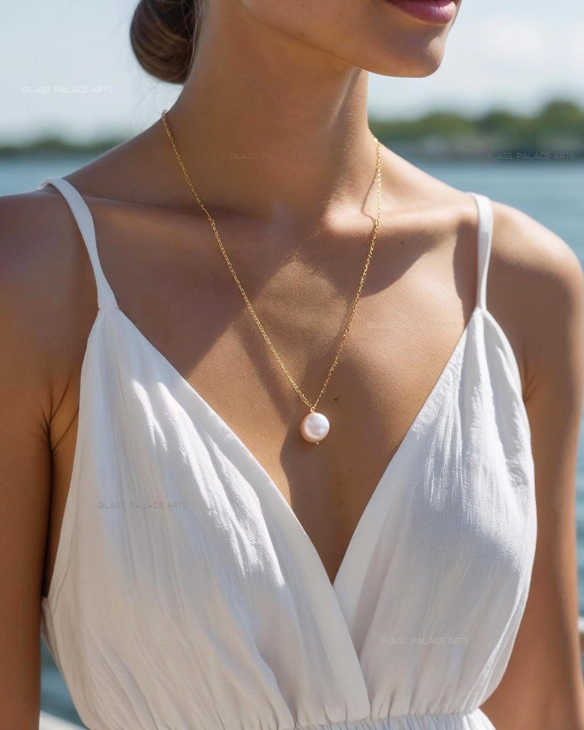 Freshwater Coin Pearl Necklace, 14k Gold Genuine Pearl Necklace For Women, Simple Minimalist Bridal