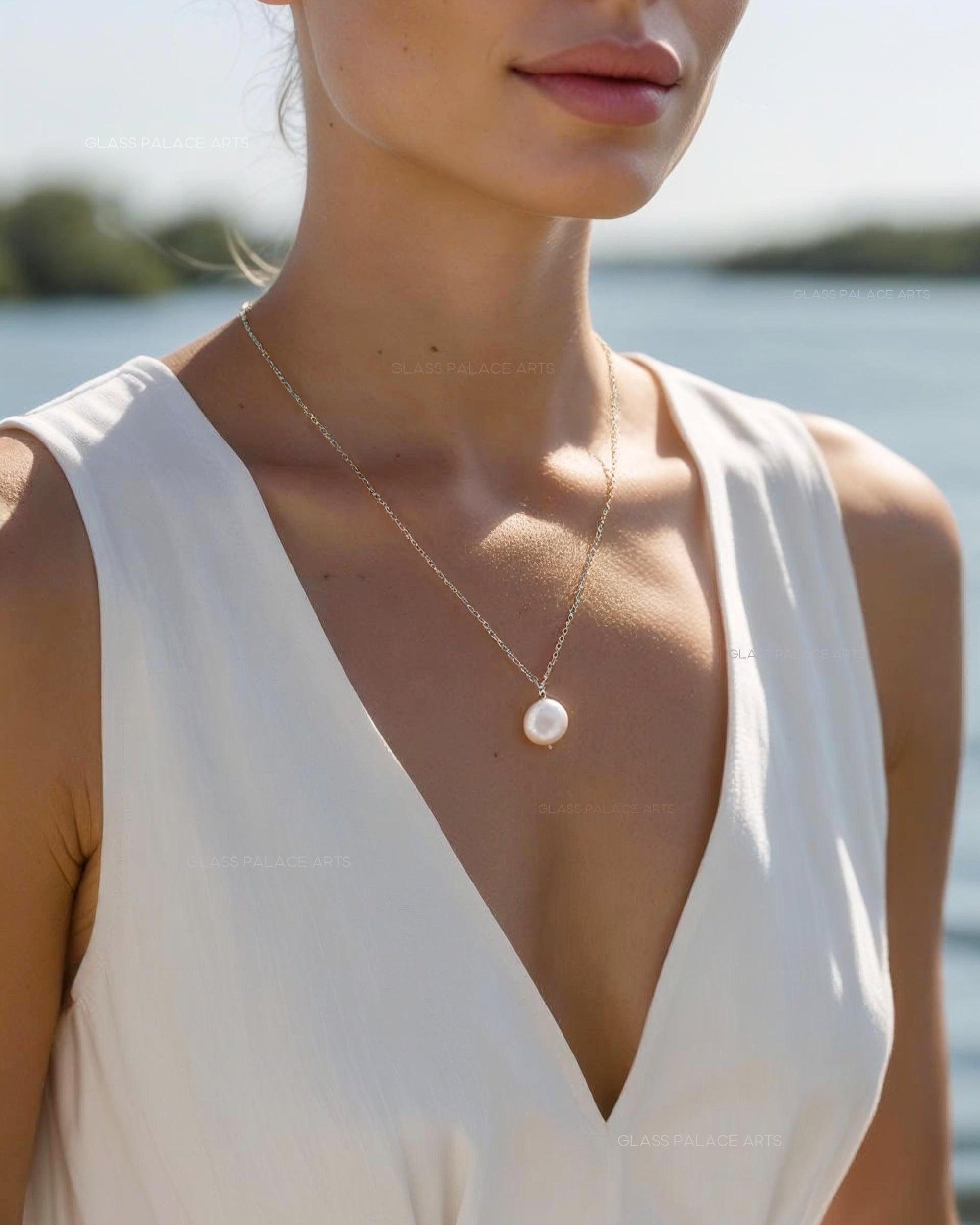 Freshwater Coin Pearl Necklace, 14k Gold Genuine Pearl Necklace For Women, Simple Minimalist Bridal