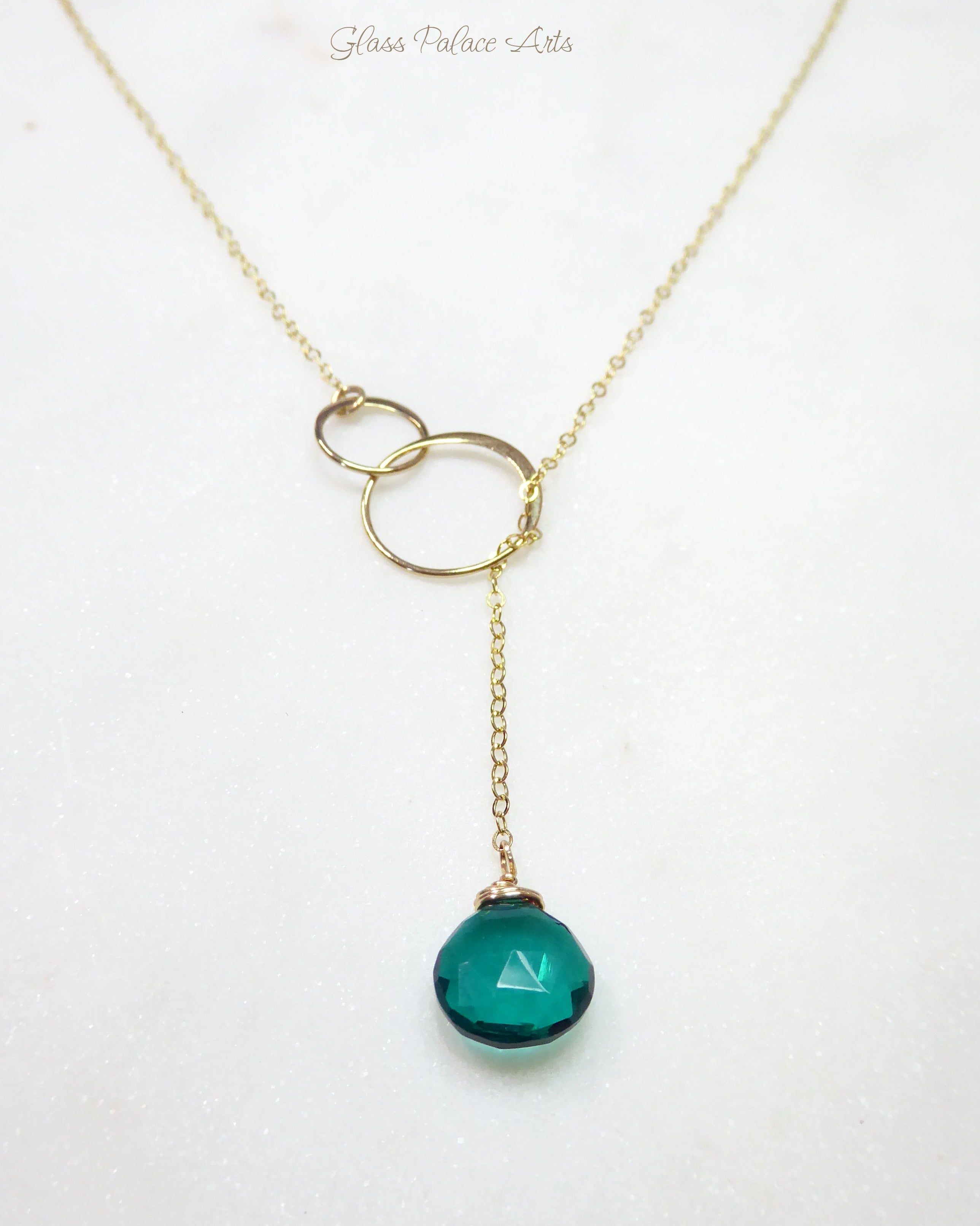 Emerald Teal Quartz Lariat Necklace For Women - In Gold or Sterling Silver