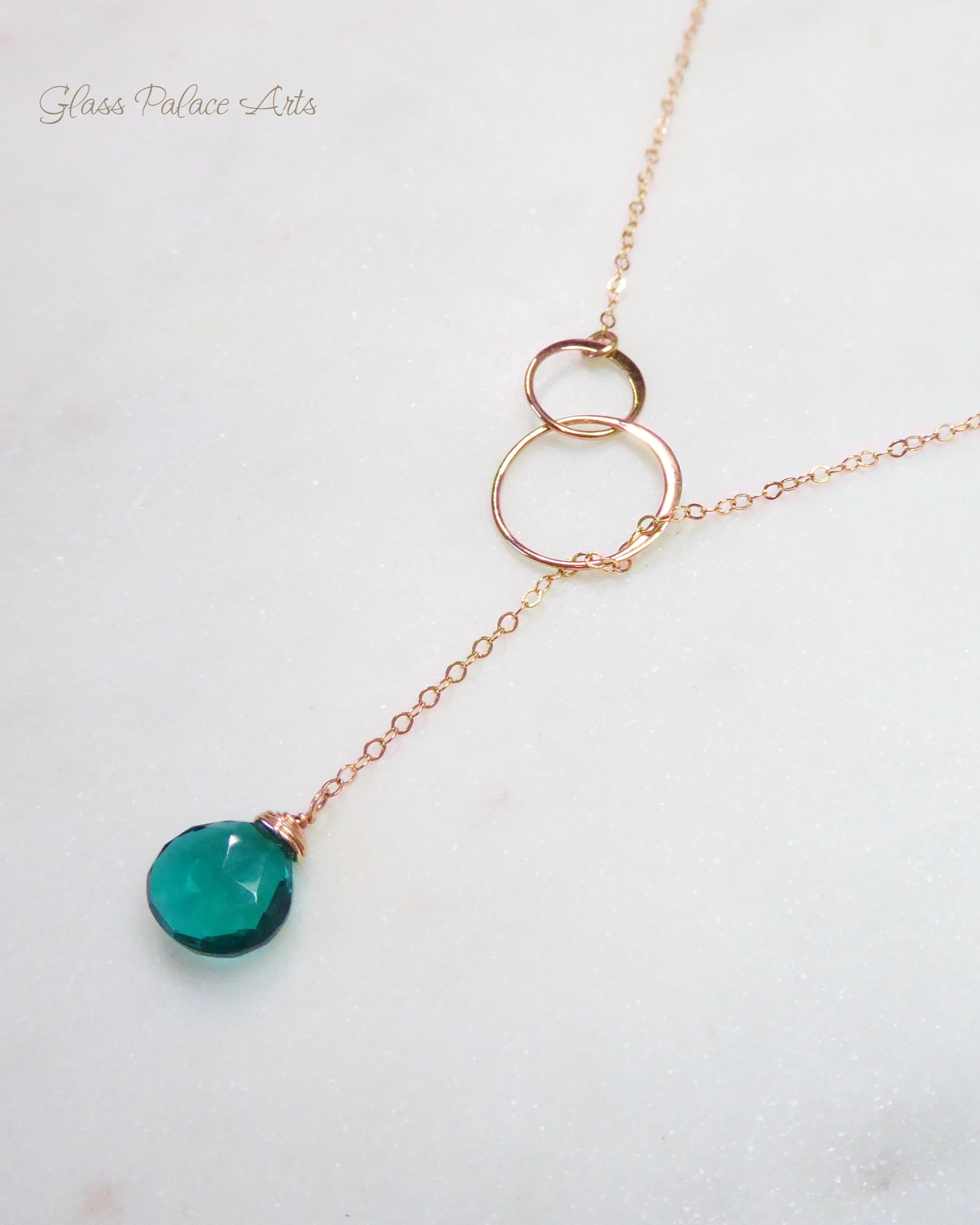 Emerald Teal Quartz Lariat Necklace For Women - In Gold or Sterling Silver