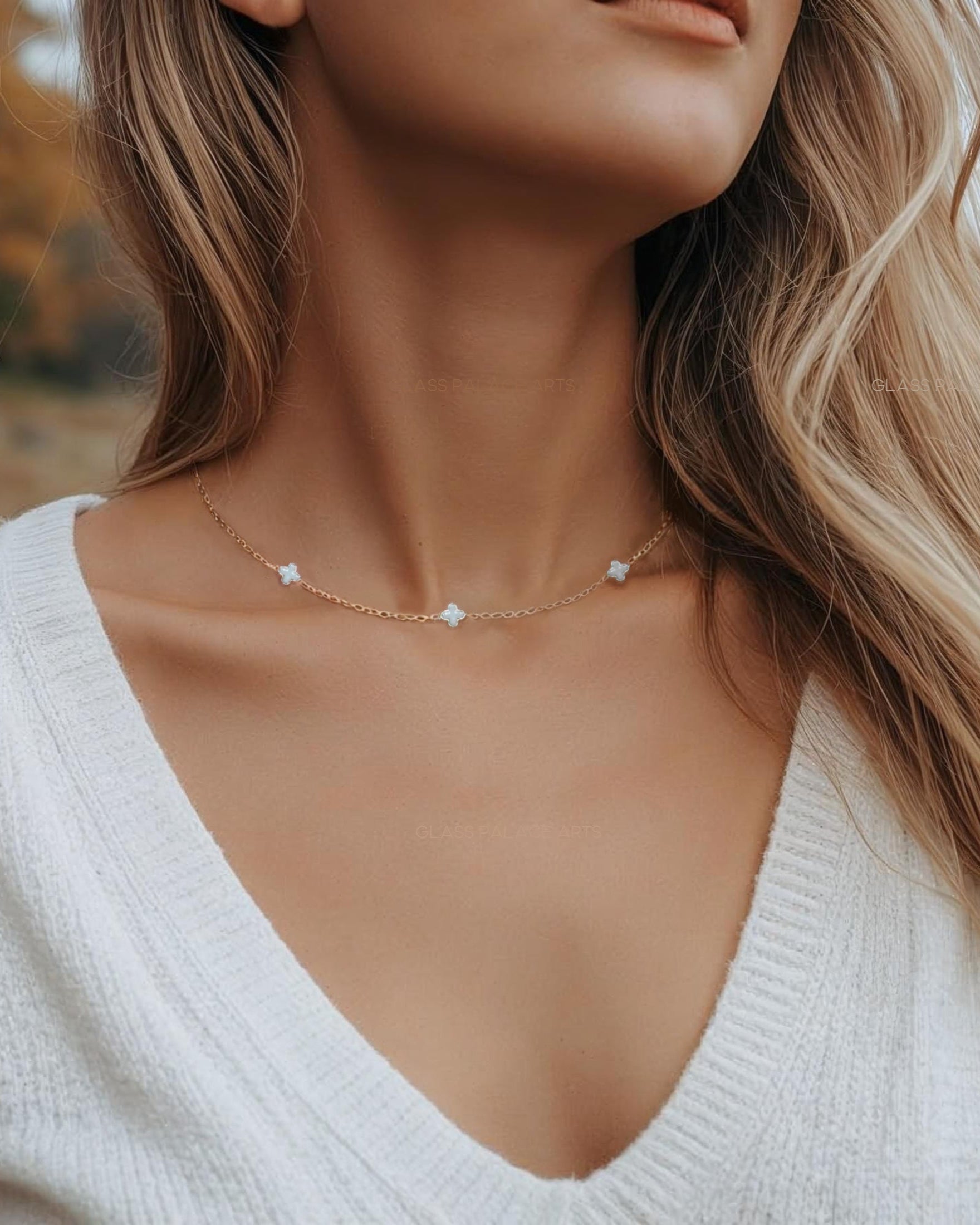 Woman wearing white Dainty Clover Choker Necklace - Dotted Minimalist Layering Chain Necklace