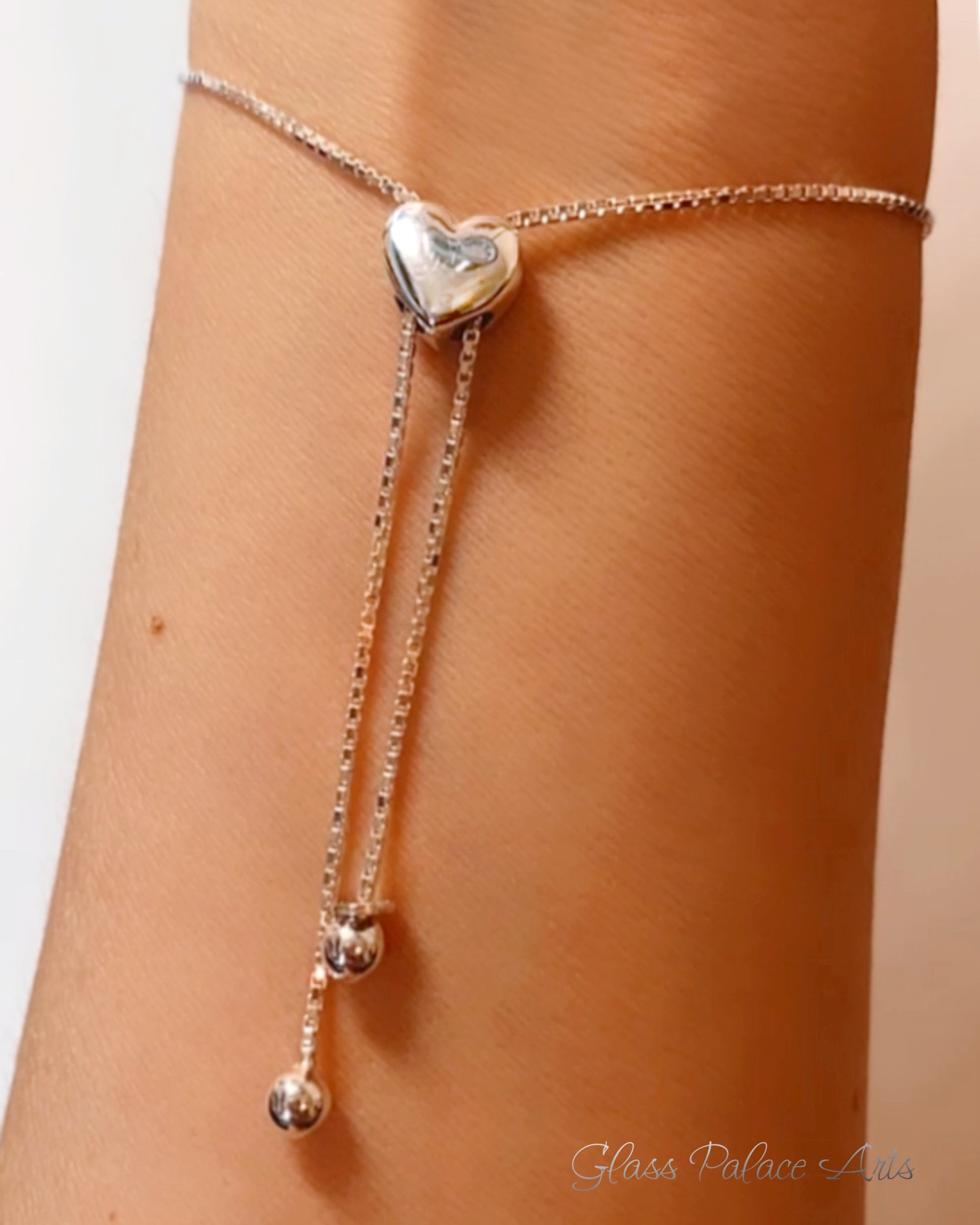 Sterling Silver Cubic Zirconia Bracelet - With Sliding Heart Clasp