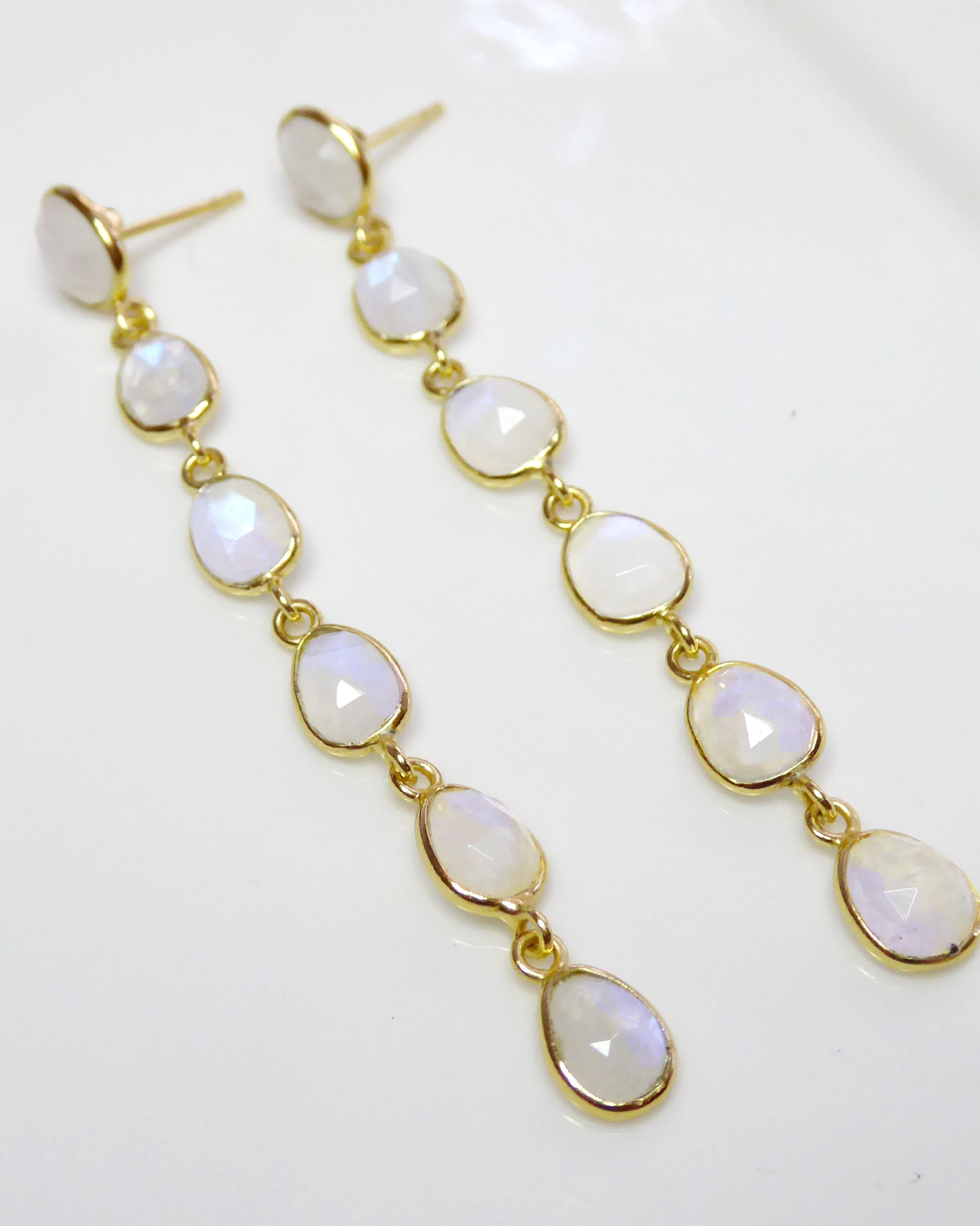 Gold Moonstone Drop Earrings - Long Faceted Gemstone Stud Earrings