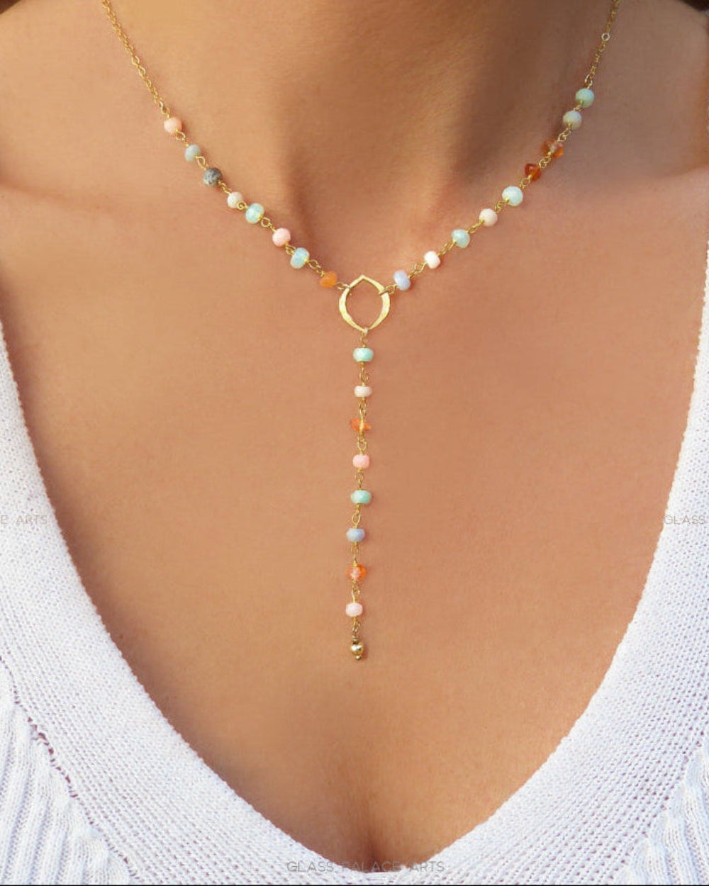 Peruvian Opal Necklace With Pendant, Beaded Multi Color Gemstone Opal Lariat Necklace For Women