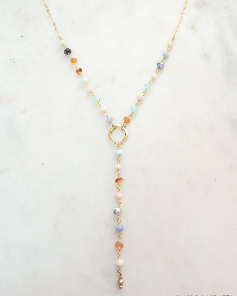 Peruvian Opal Necklace With Pendant, Beaded Multi Color Gemstone Opal Lariat Necklace For Women