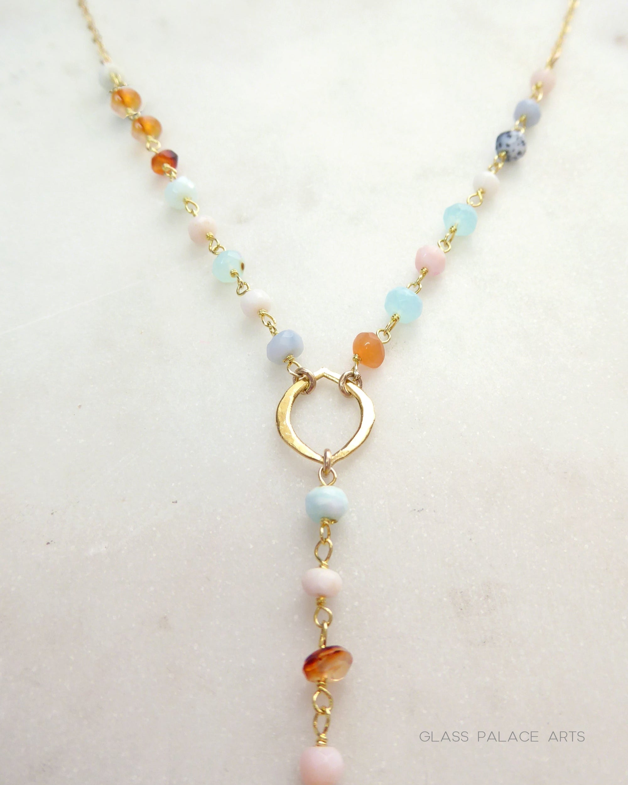 Peruvian Opal Necklace With Pendant, Beaded Multi Color Gemstone Opal Lariat Necklace For Women