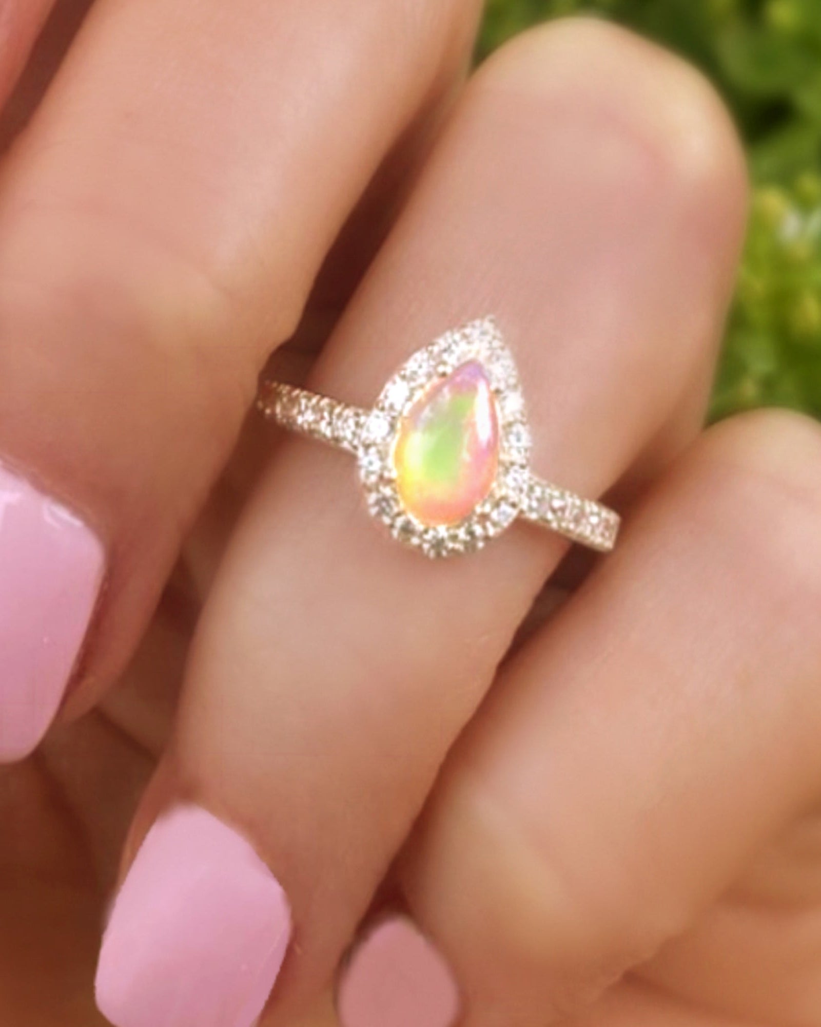 Fire Opal Halo Ring With White Topaz - 925 Sterling Silver Small Pear Shape Ring