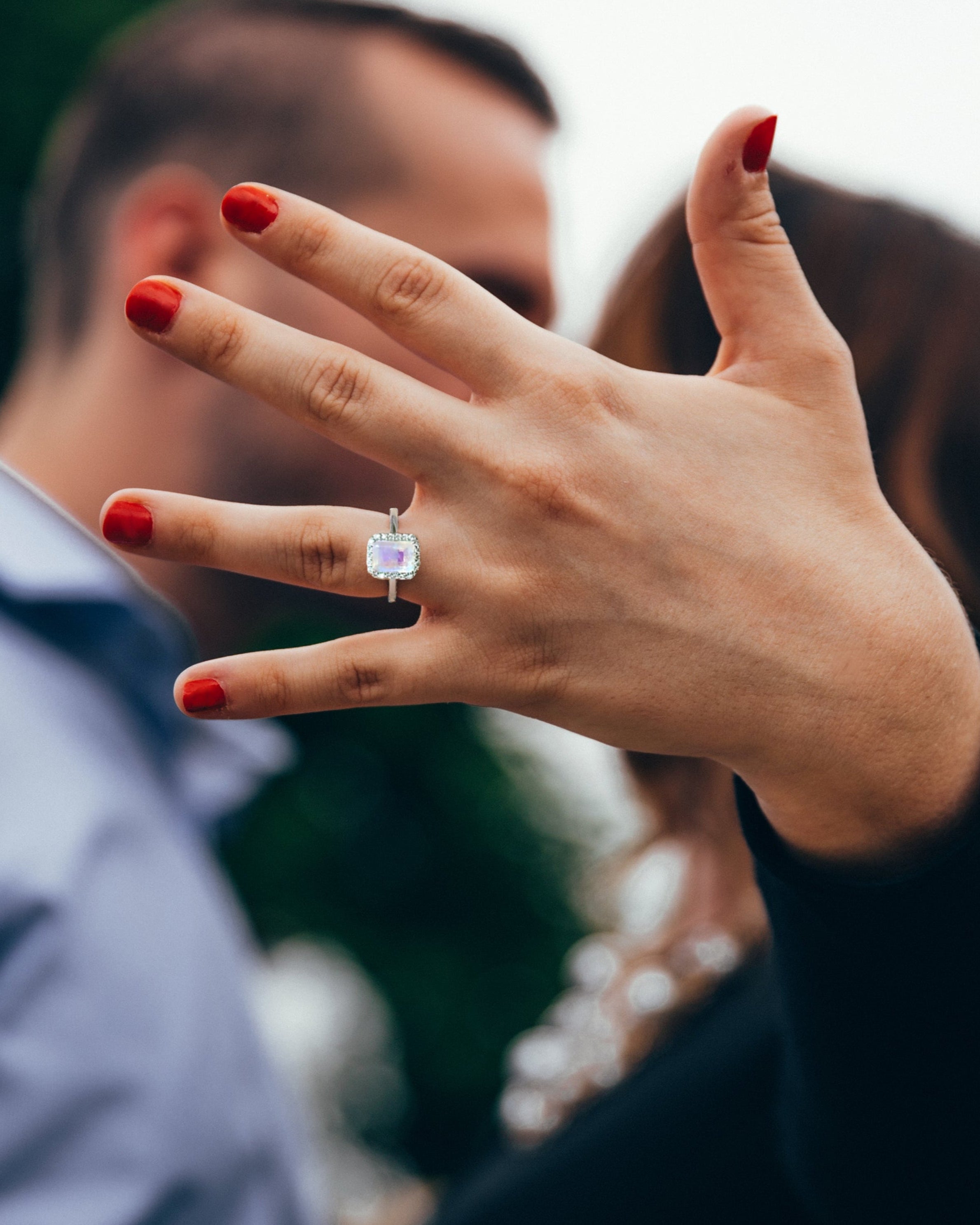 Moonstone And White Topaz Radiant Cut Engagement Ring 925 Sterling Silver