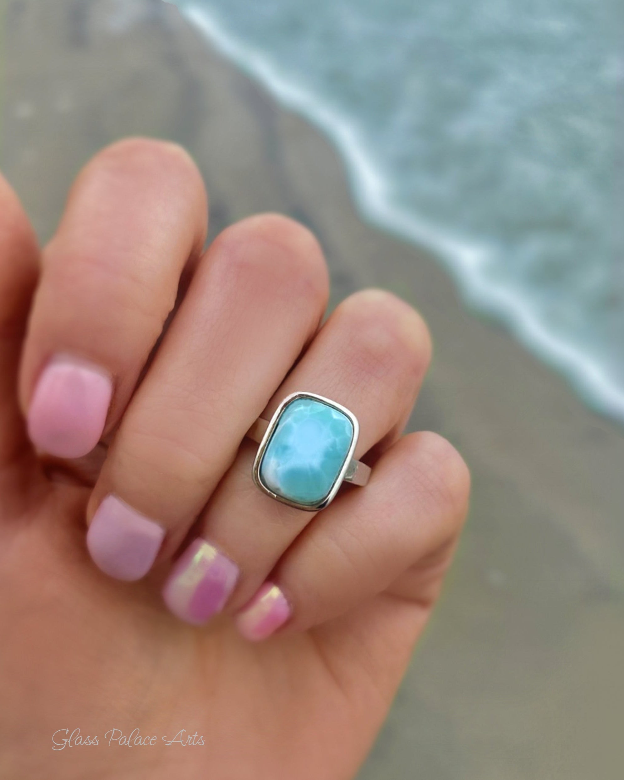 Larimar Ring For Women With Hammered Sterling Silver Band - Caribbean Statement Ring