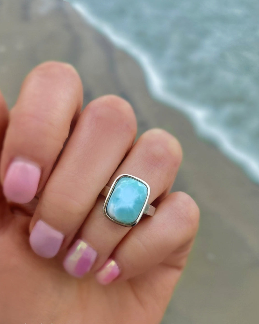 Larimar Ring For Women With Hammered Sterling Silver Band - Caribbean Statement Ring