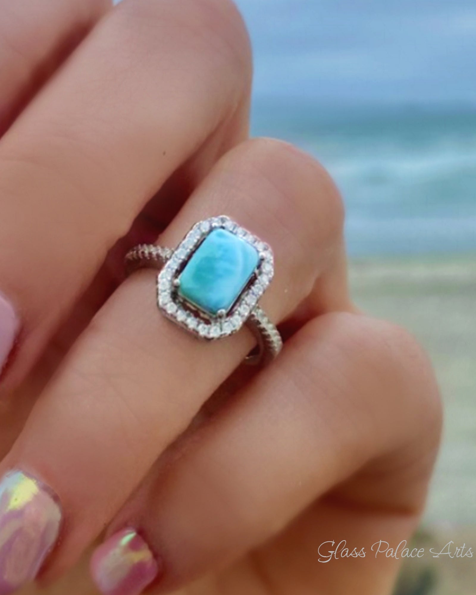 Sterling Silver Larimar Ring For Women - Radiant Cut With Cubic Zirconia