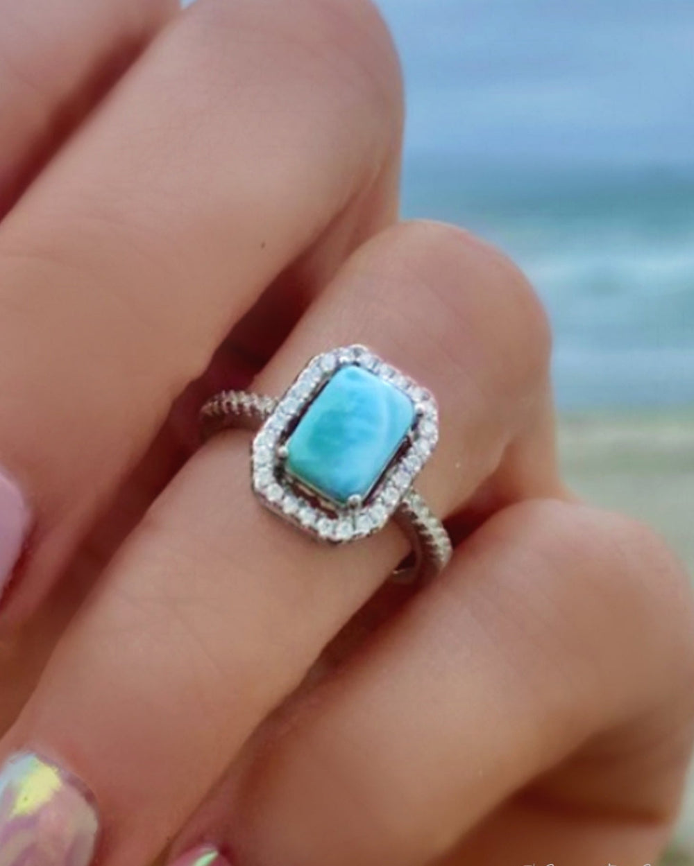 Sterling Silver Larimar Ring For Women - Radiant Cut With Cubic Zirconia