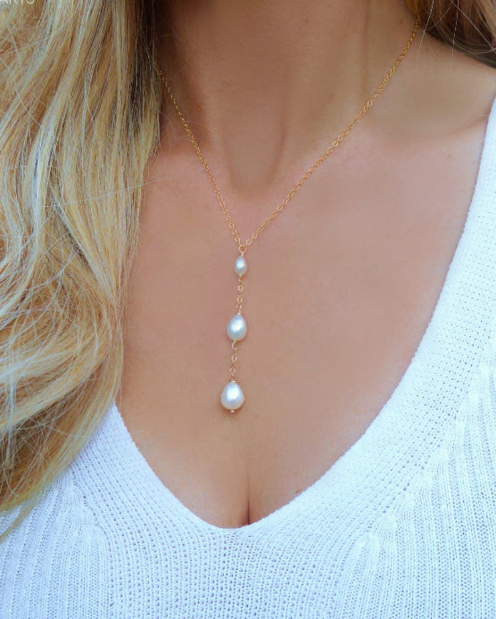 Freshwater Pearl Teardrop Necklace, Three Dainty Pearl Lariat Necklace For Women