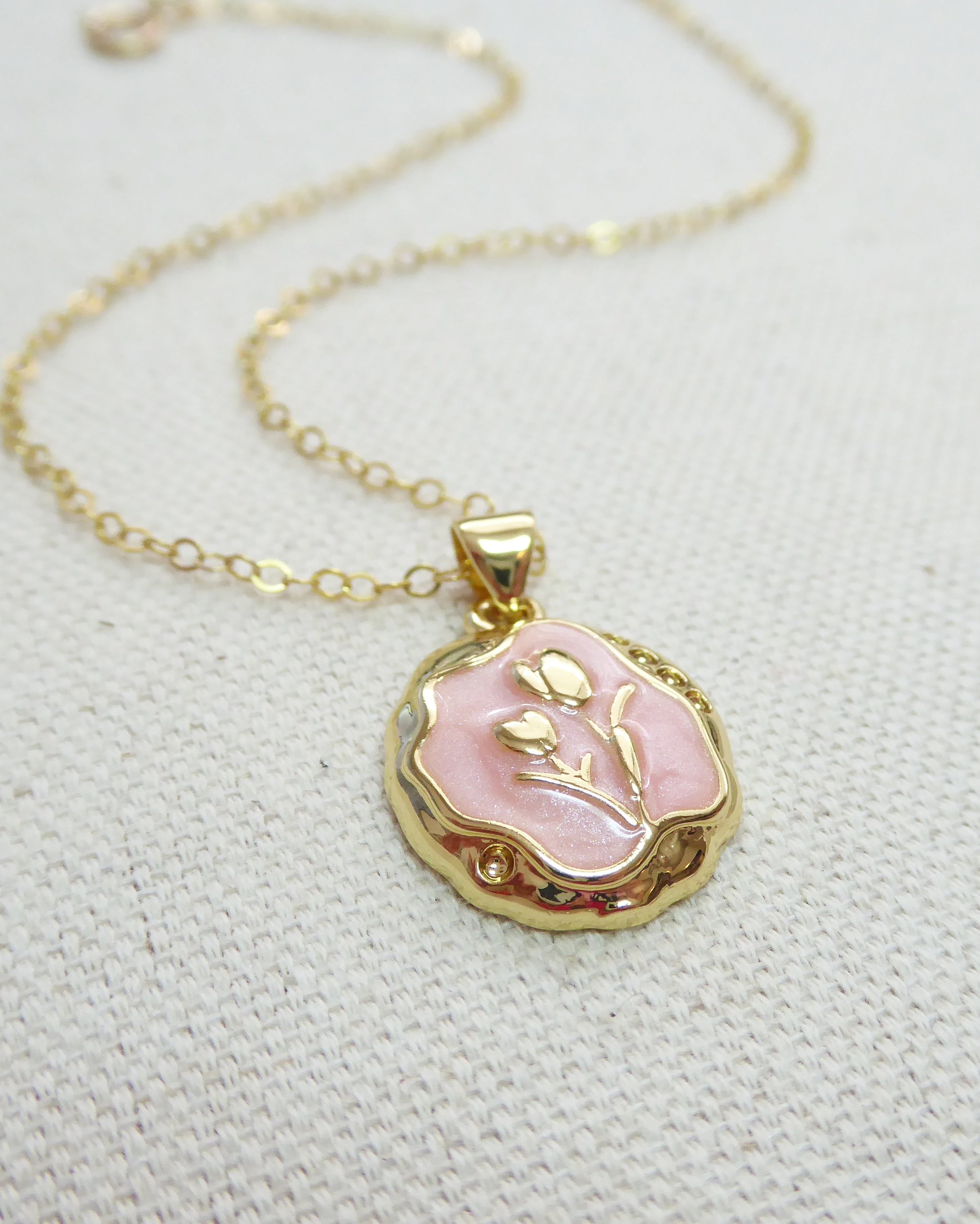 Floral Charm Pendant Necklace - Romantic Dainty Pink Tulip Pendant