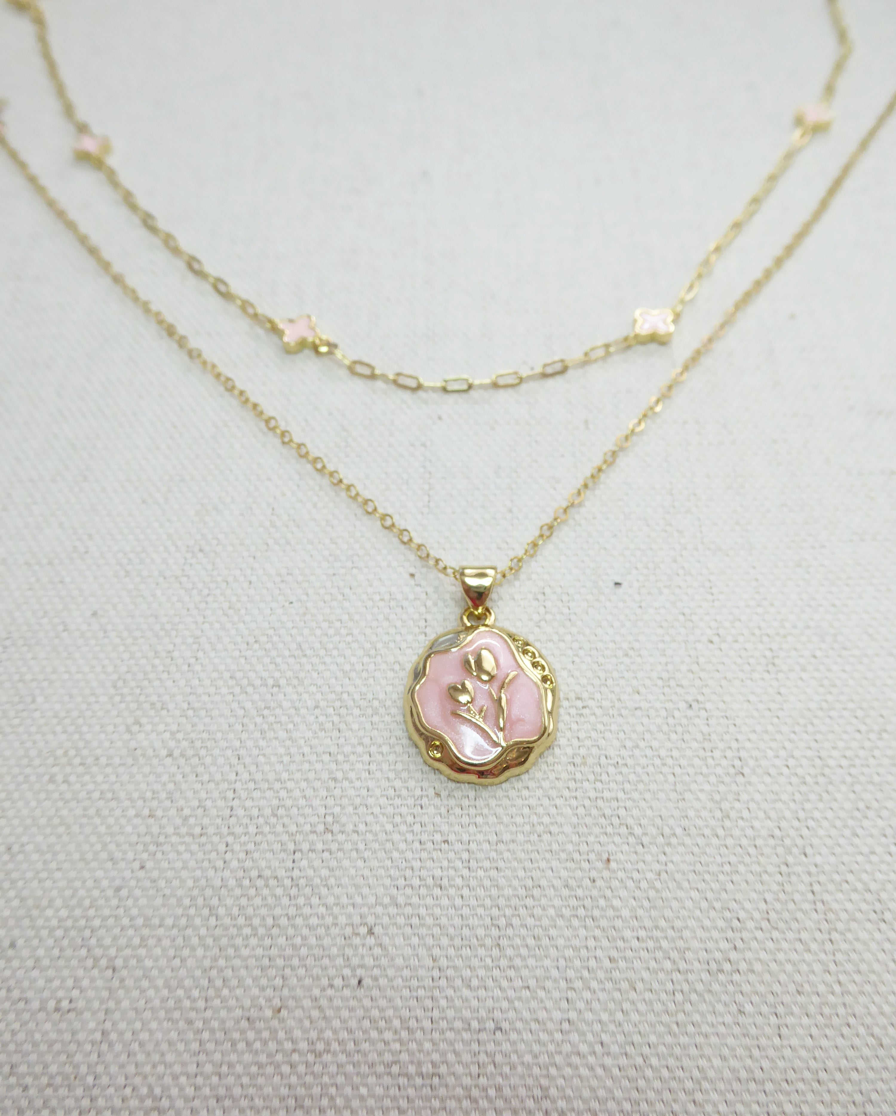 Floral Charm Pendant Necklace - Romantic Dainty Pink Tulip Pendant