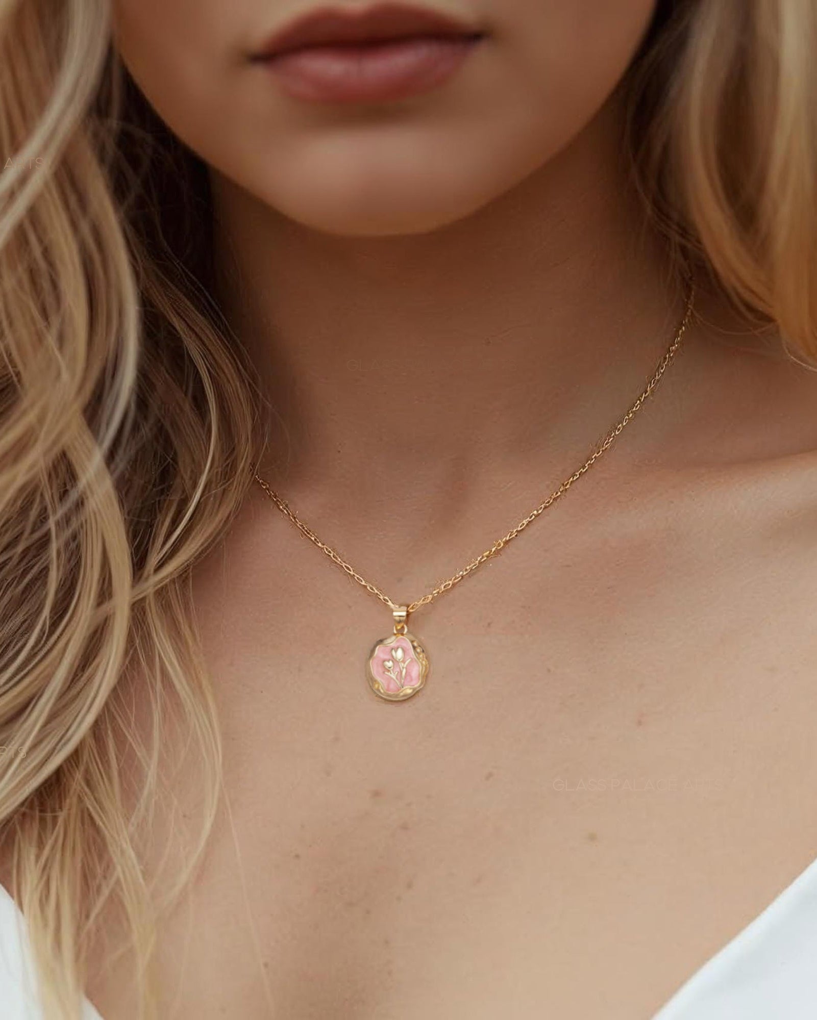 Floral Charm Pendant Necklace - Romantic Dainty Pink Tulip Pendant