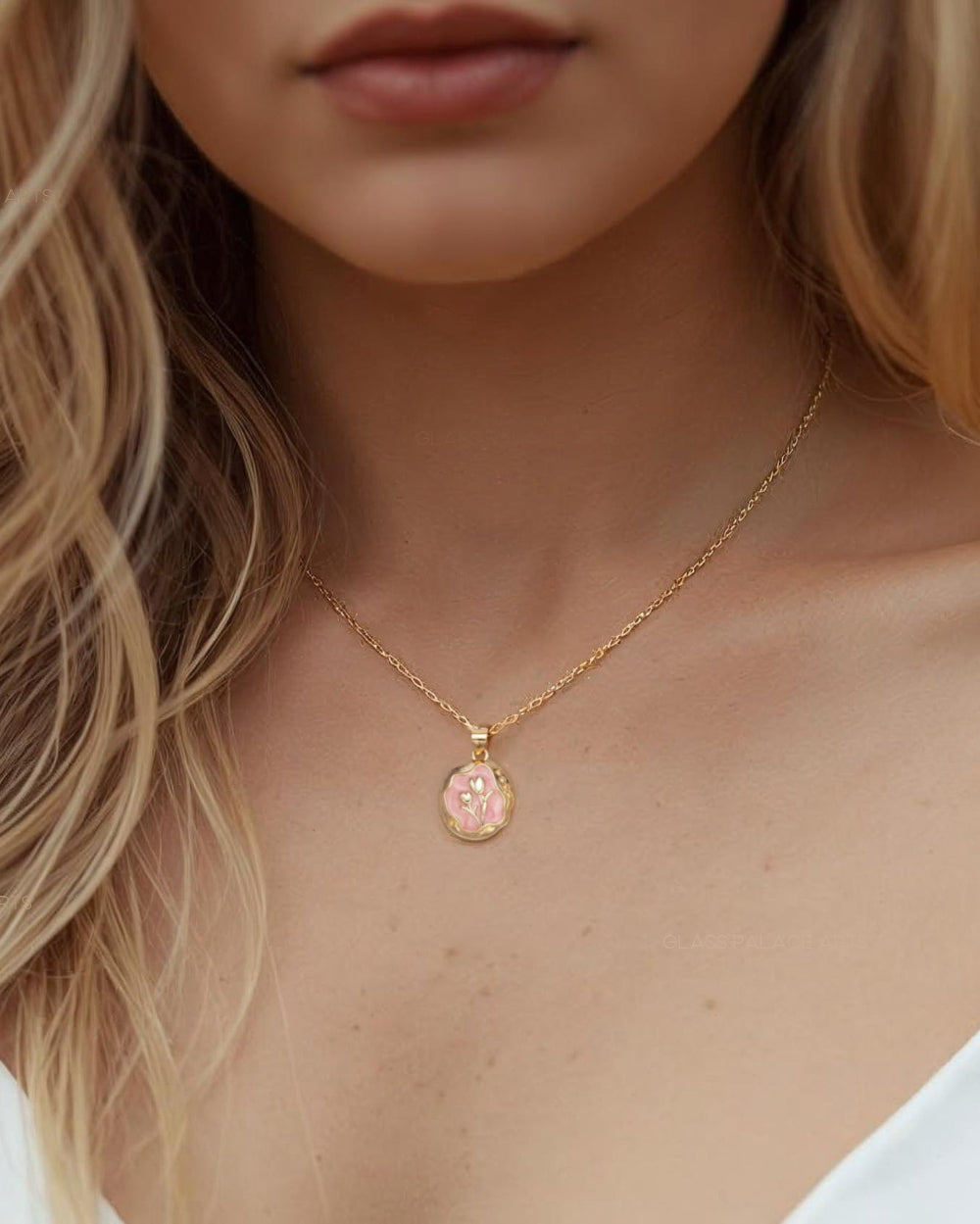 Floral Charm Pendant Necklace - Romantic Dainty Pink Tulip Pendant