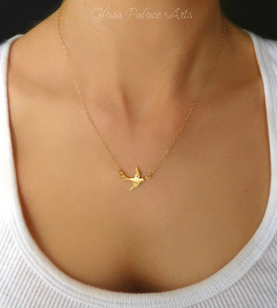 Small Bird Flying Dove Necklace - Gold or Silver – Glass Palace Arts