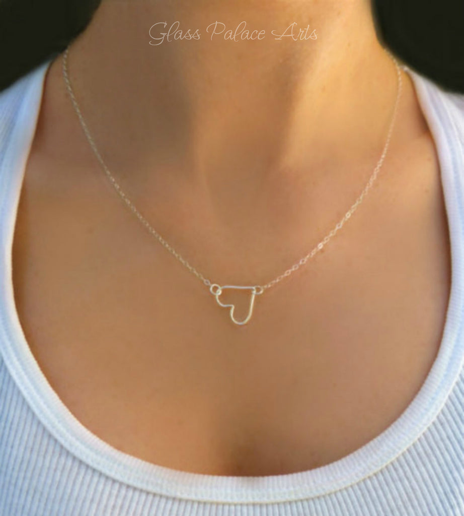 Small Sideways Floating Heart Necklace - Sterling Silver, 14k Gold Fill, Rose Gold Fill