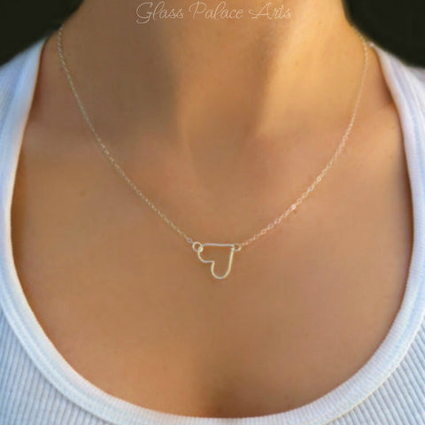 Small Sideways Floating Heart Necklace - Sterling Silver, 14k Gold Fill, Rose Gold Fill
