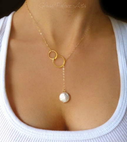 Freshwater Pearl Lariat Necklace For Women ~ Coin Pearl Clasp-less Necklace