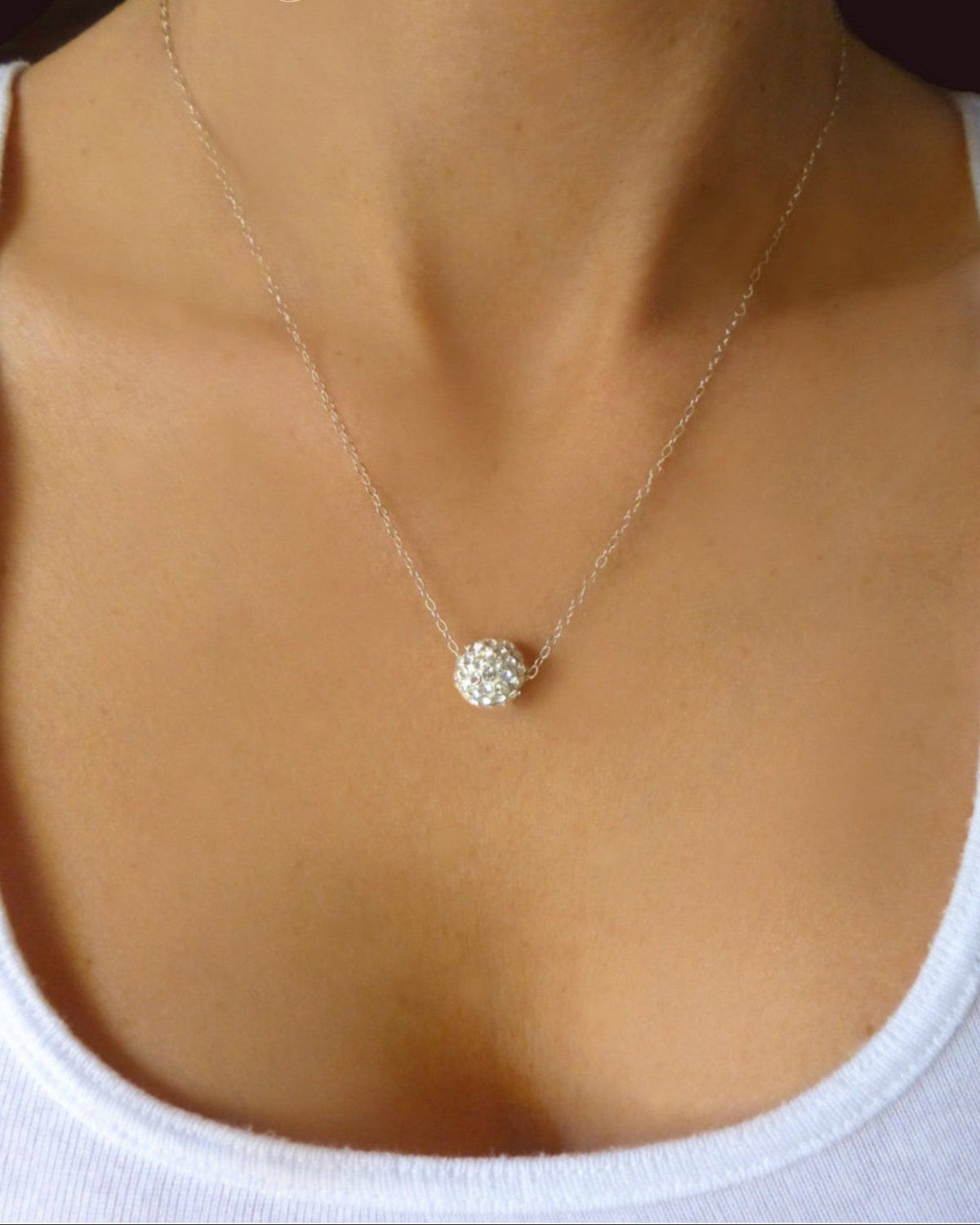 Pave' Dainty Disco Ball Necklace For Women - Sterling Silver