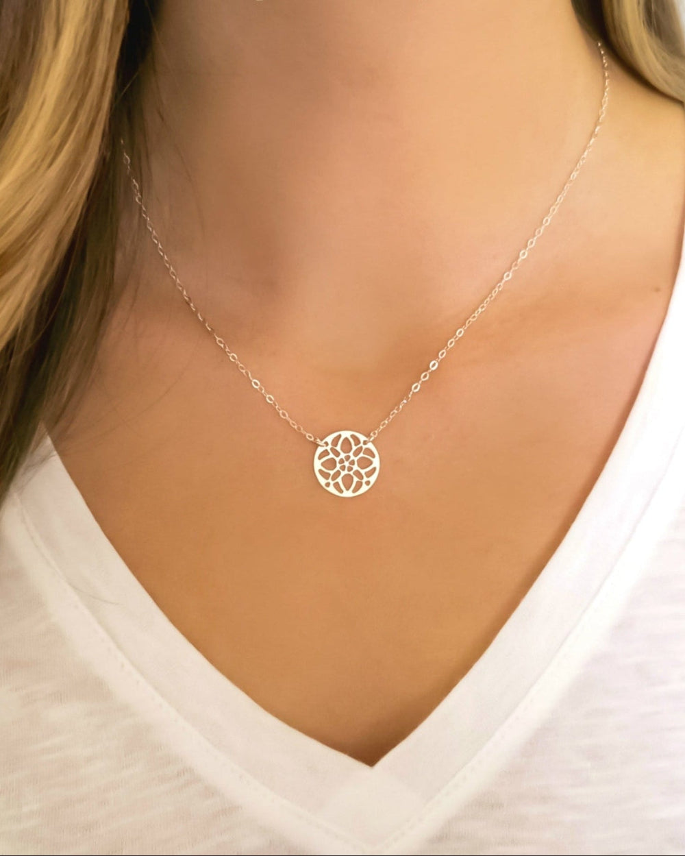 Sterling Silver Medallion Pendant Necklace For Women With Circle Filigree Pattern