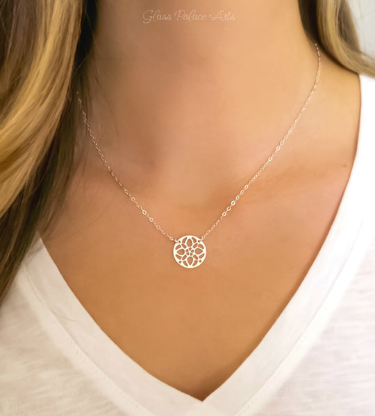 Sterling Silver Medallion Pendant Necklace For Women With Circle Filigree Pattern