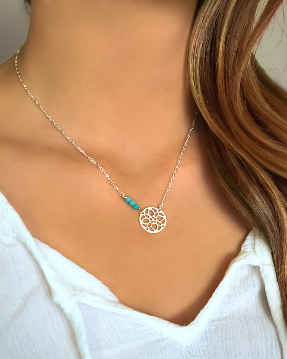Beaded Turquoise Necklace With Sterling Silver Filigree Medallion