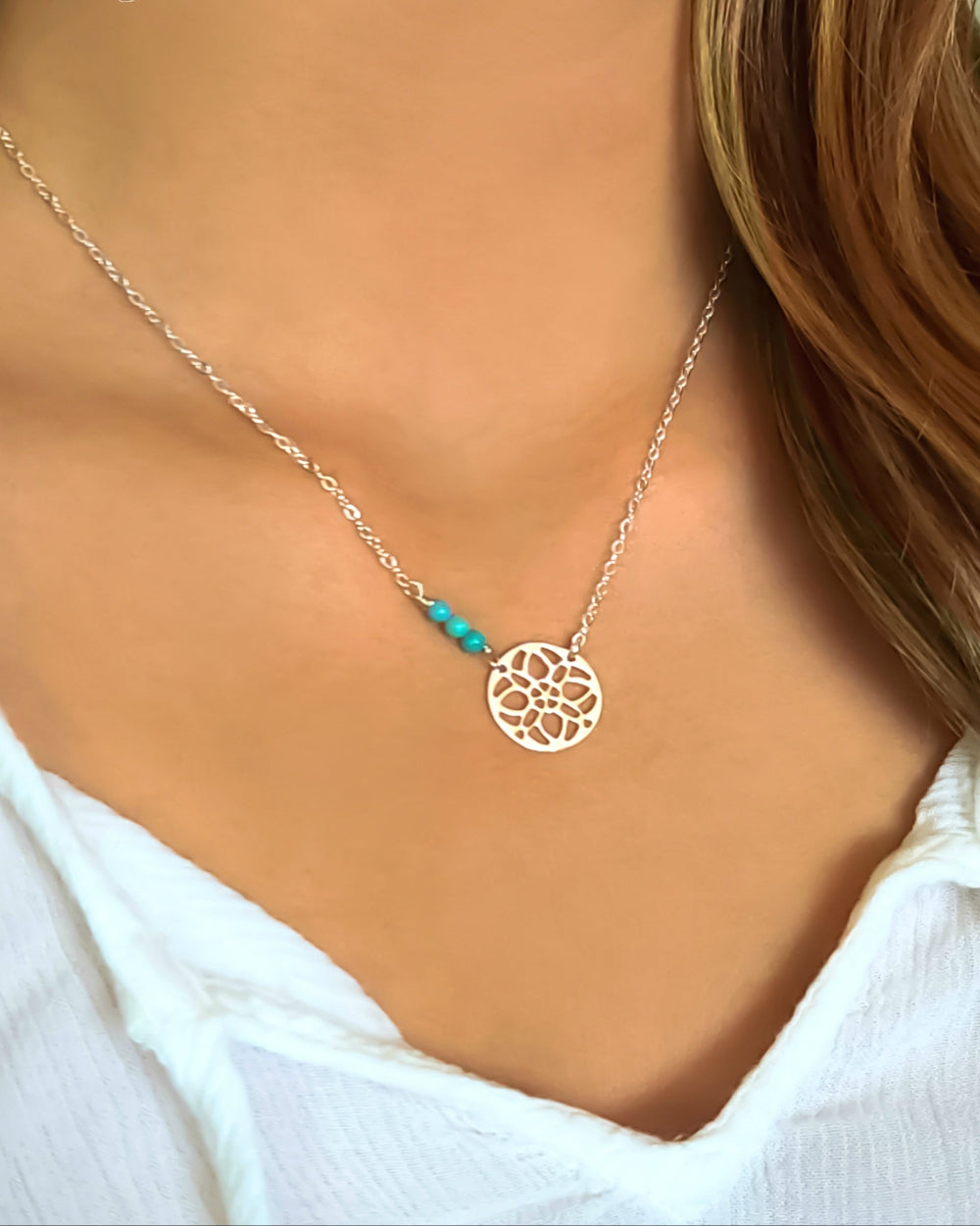 Beaded Turquoise Necklace With Sterling Silver Filigree Medallion