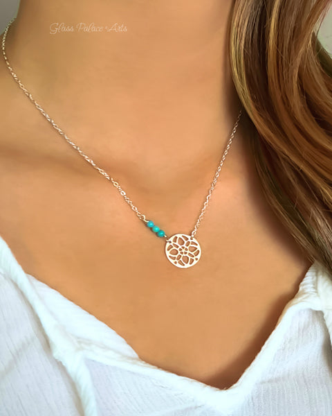 Beaded Turquoise Necklace With Sterling Silver Filigree Medallion