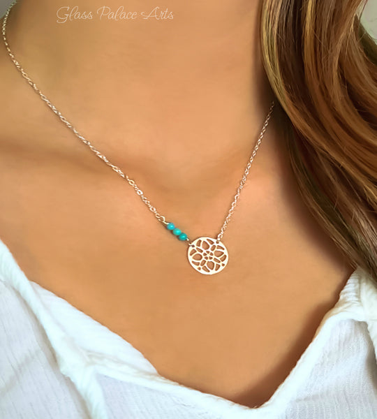 Beaded Turquoise Necklace With Sterling Silver Filigree Medallion