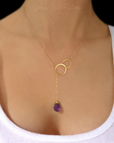 Amethyst Lariat Necklace For Women - No Clasp -14k Gold Fill, Sterling Silver or Rose Gold Fill