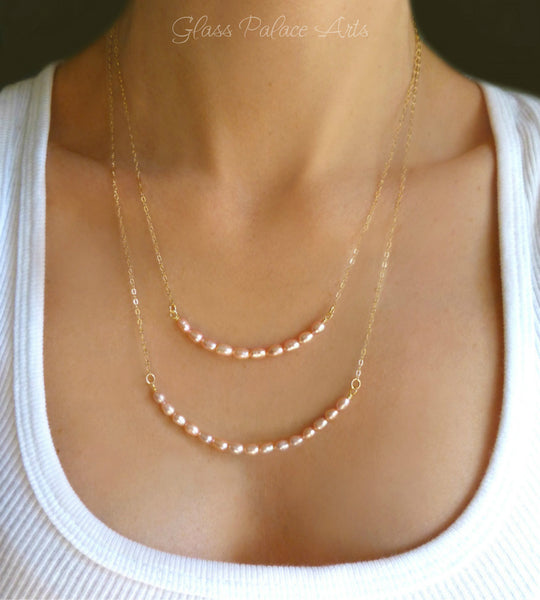 Blush Pink Champagne Freshwater Pearl Multi Strand Necklace For Women