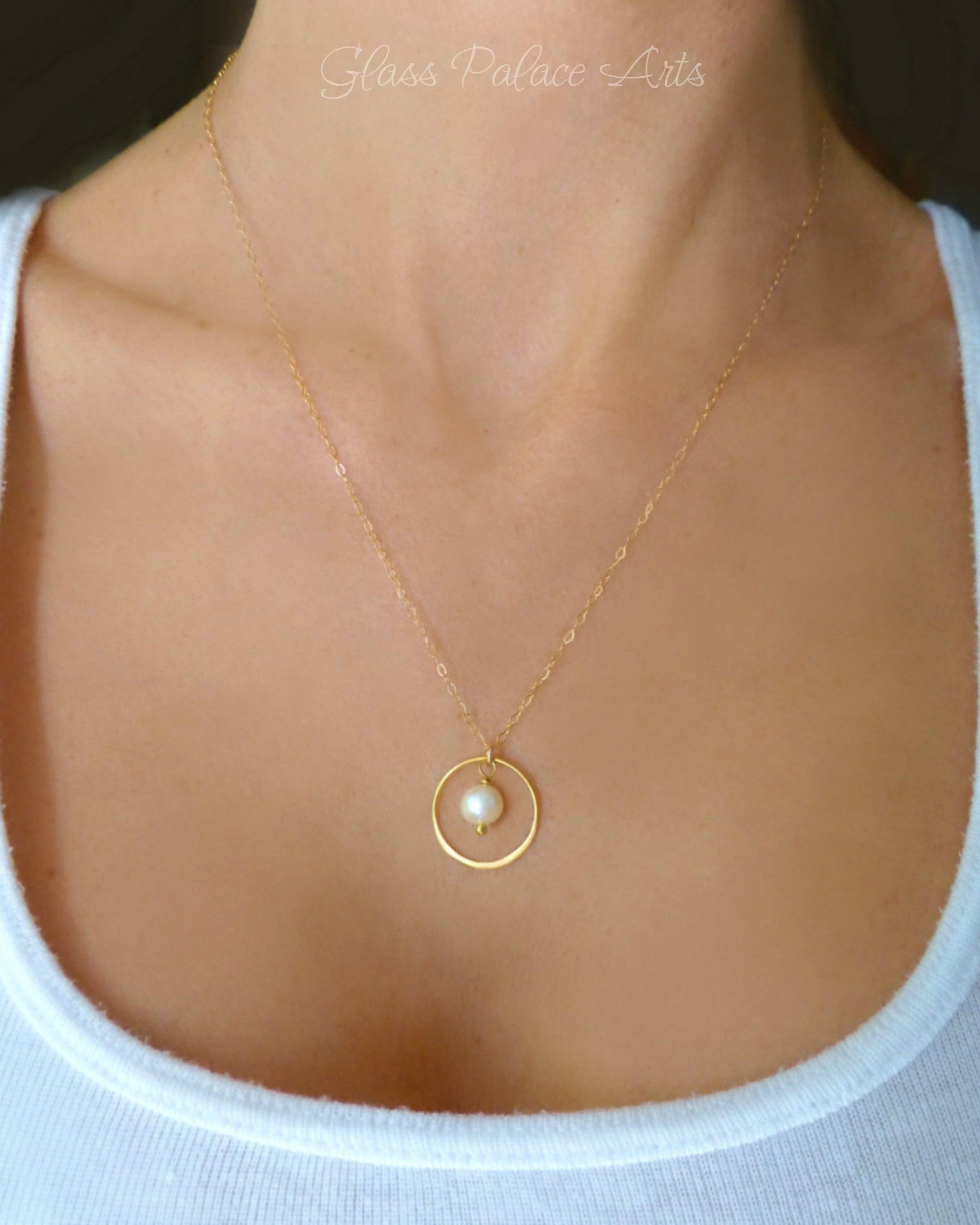 Gold Circle Necklace With Freshwater Pearl Pendant