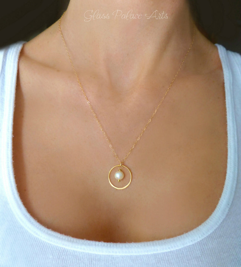 Gold Circle Necklace With Freshwater Pearl Dangle