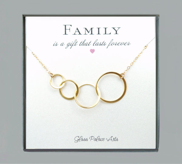 Four Circle Infinity Necklace On Family Card - Sterling Silver, Gold or Rose Gold