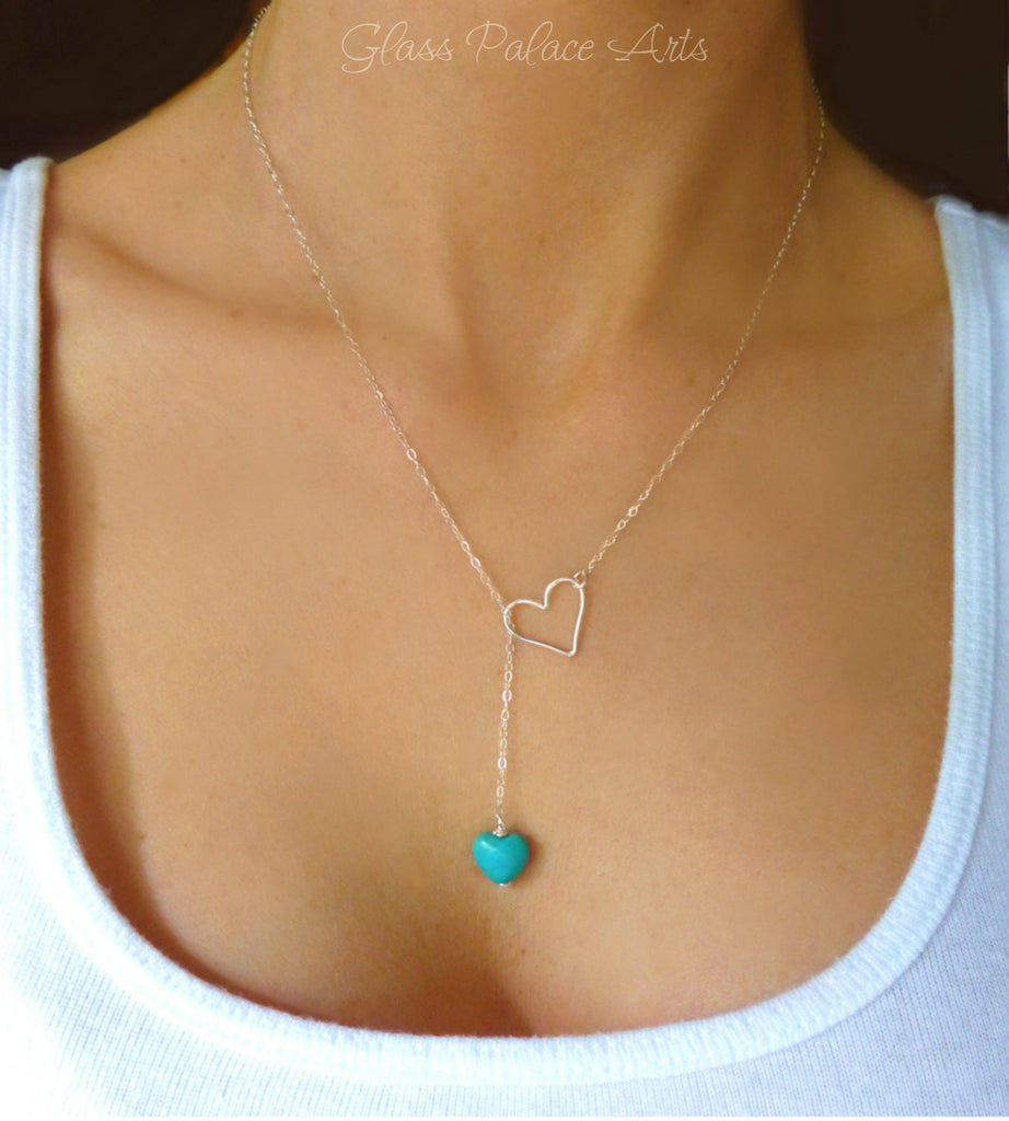 Small Turquoise Heart Lariat Necklace Clasp Less - Sterling Silver or 14k Gold Fill