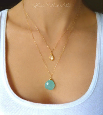 Layered Double Strand Crystal Necklace With Chalcedony - Silver or Gold