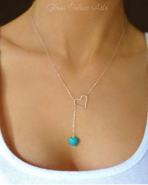Small Turquoise Heart Lariat Necklace Clasp Less - Sterling Silver or 14k Gold Fill