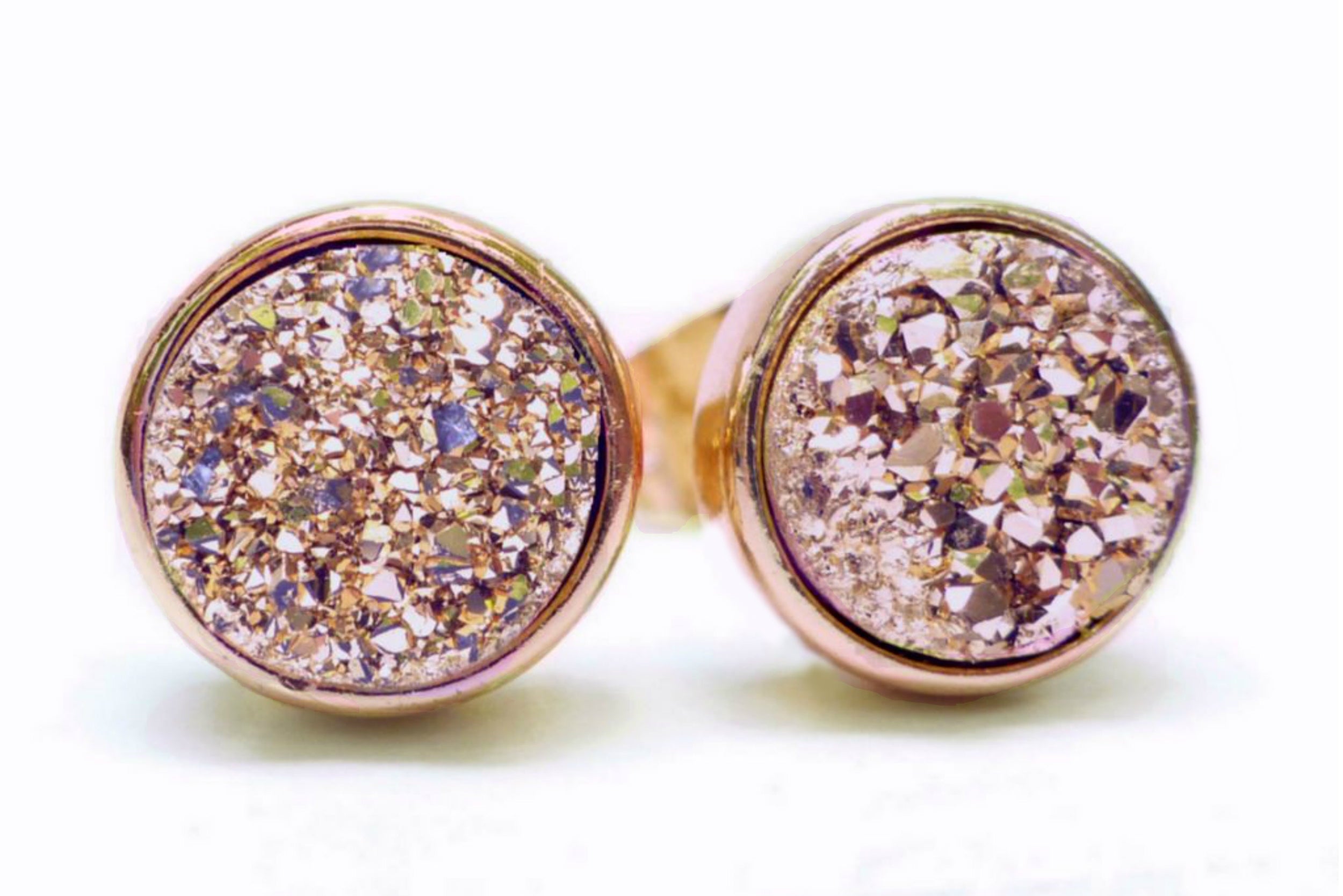 Rose Gold Drusy Stud Earrings For Women 8mm