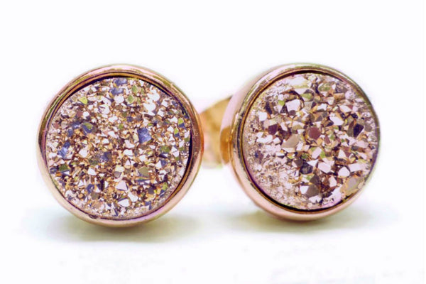 Rose Gold Druzy Stud Earrings For Women 8mm
