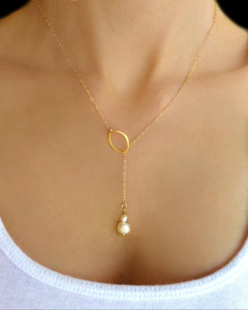 Dainty Freshwater Pearl Lariat Necklace With Marquise Pendant