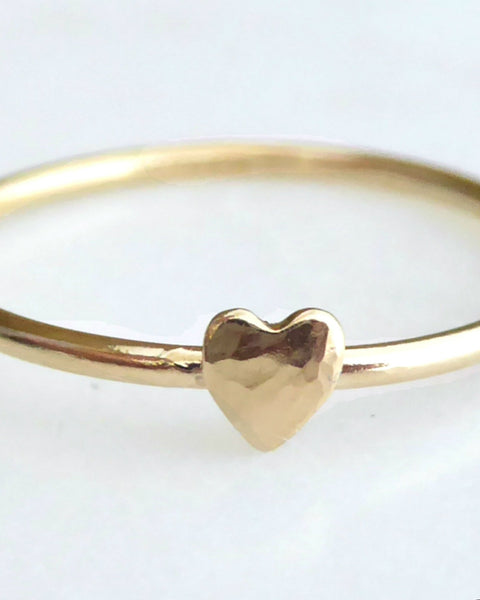 Tiny Heart Ring For Women Gold - Dainty Minimalist Hammered Stacking Ring