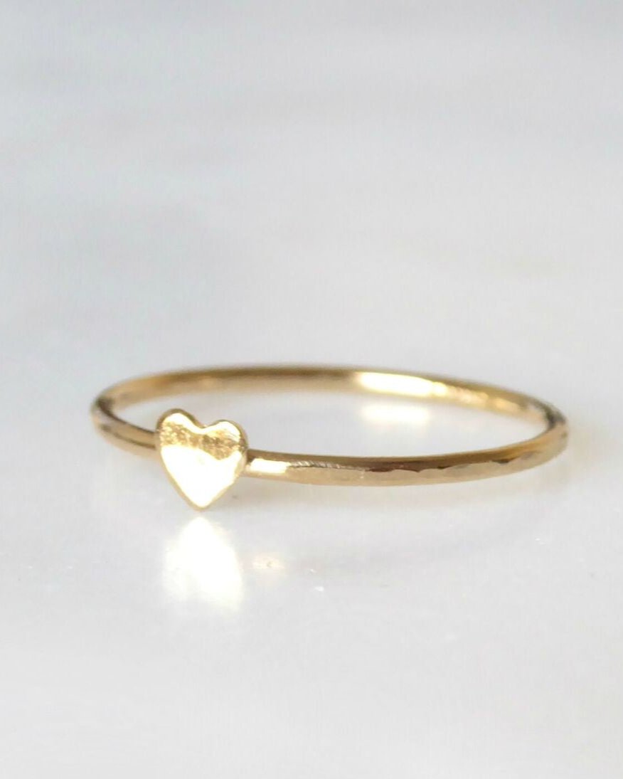 Tiny Heart Ring For Women Gold - Dainty Minimalist Hammered Stacking Ring