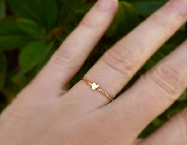 Tiny Heart Ring For Women Gold - Dainty Minimalist Hammered Stacking Ring