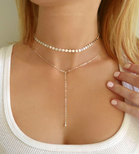 Rose Gold Choker Necklace Set For Women -  Adjustable Choker + Lariat Combo