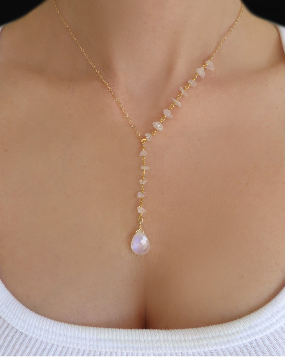 Gold Moonstone Lariat Necklace For Women