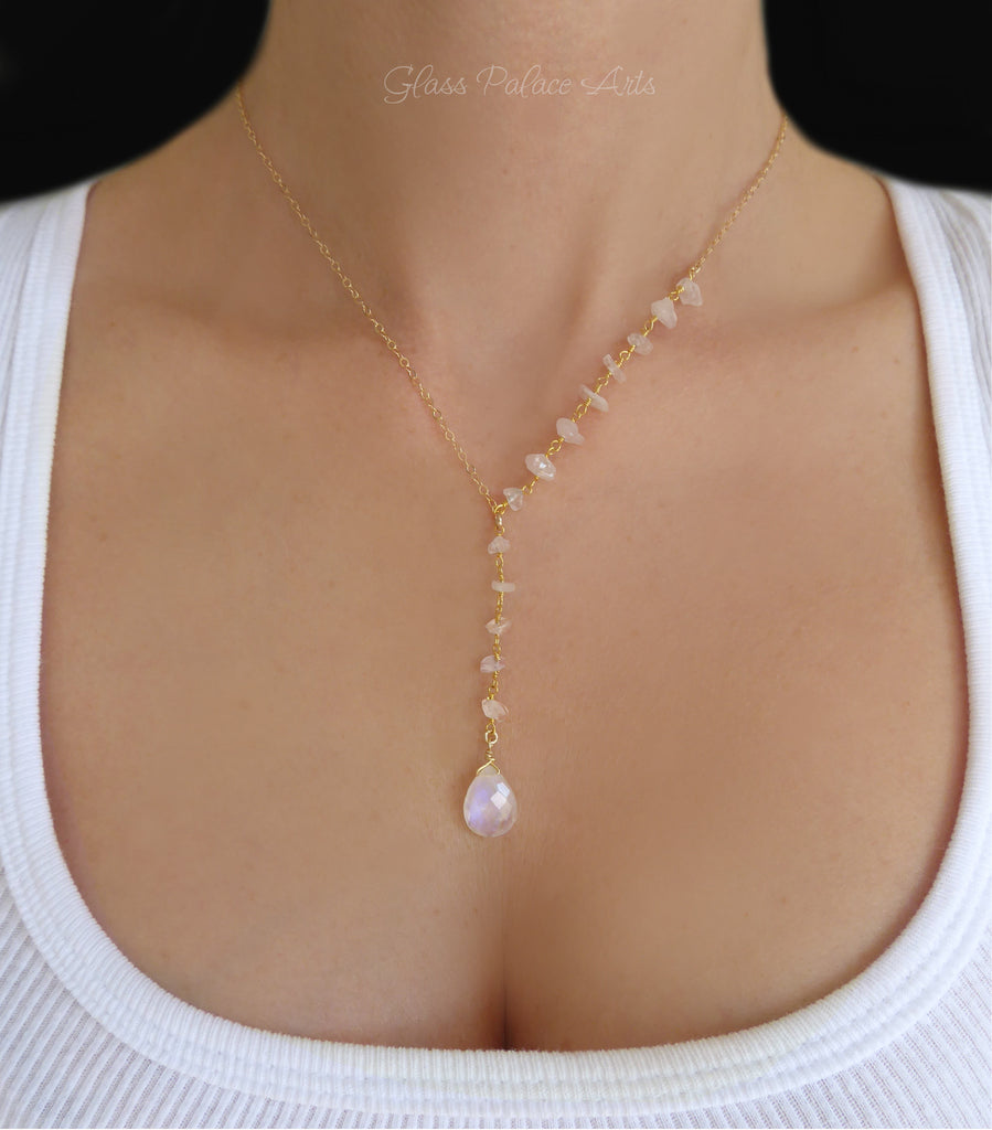 Gold Moonstone Lariat Necklace For Women