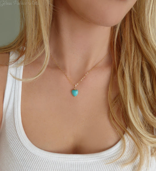 Tiny Turquoise Heart Necklace For Women - Sterling Silver, 14k Gold Fill